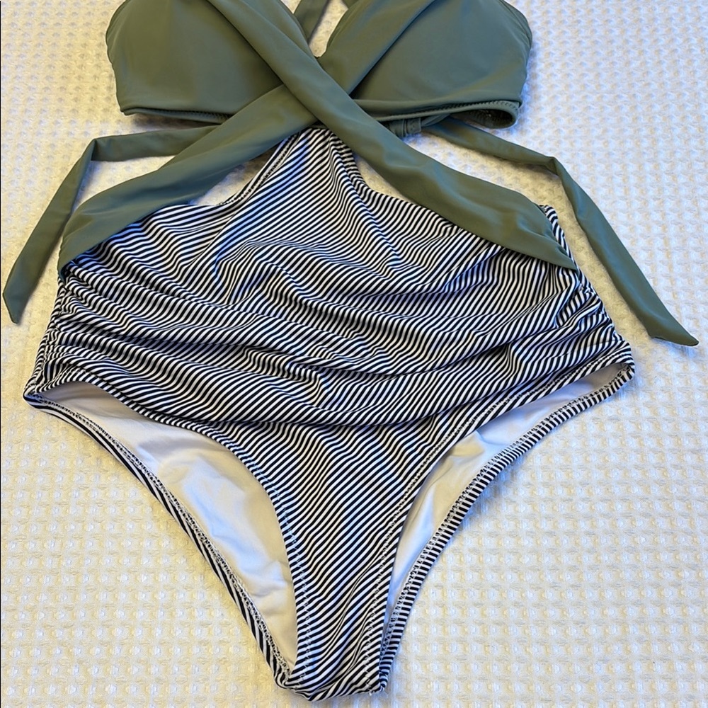 Medium Olive Sage Green Black White Striped Monokini One Piece Swimsuit - Picture 3 of 16